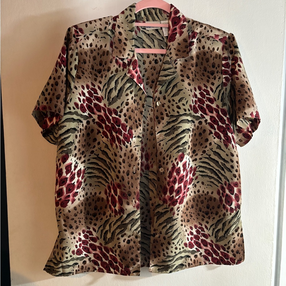 80s/90s vintage blouse maroon jungle tropical green M